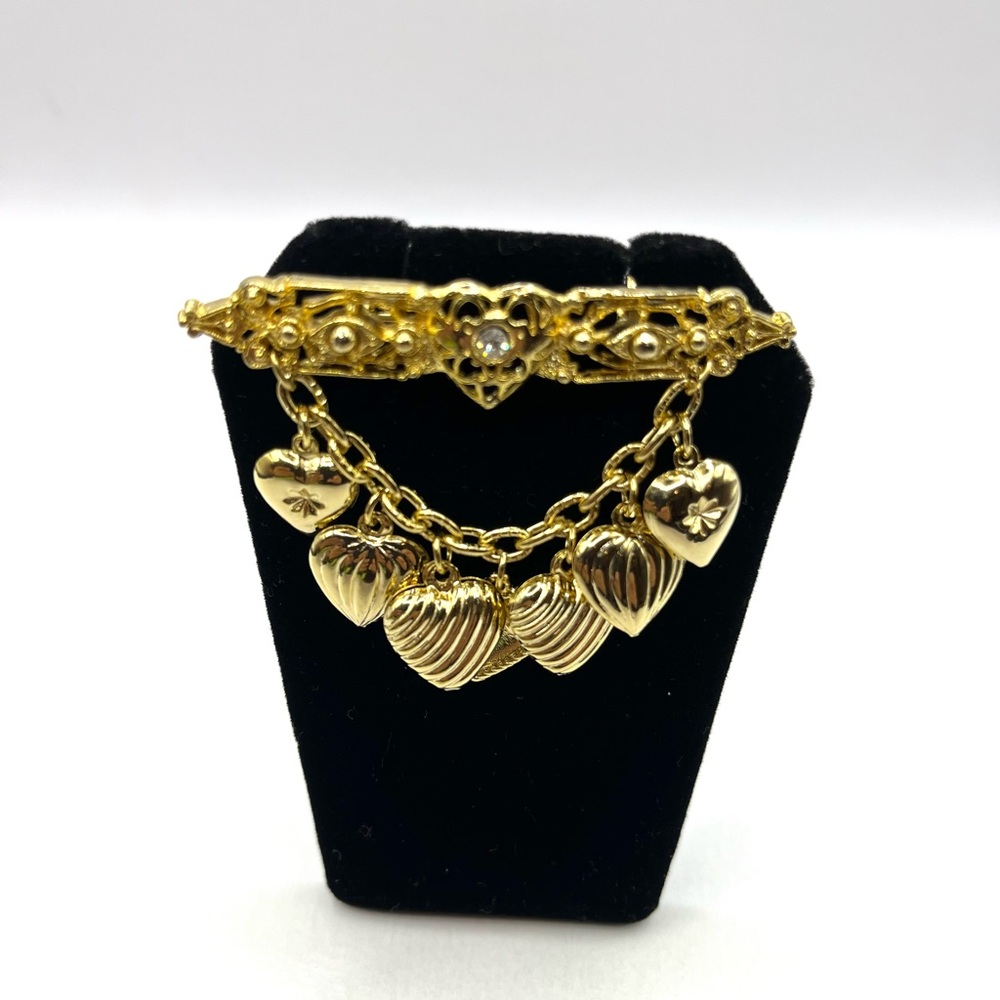 Gold Heart Charm Bar Brooch - Elegant Women’s Jewelry Hearts love - Picture 6 of 12
